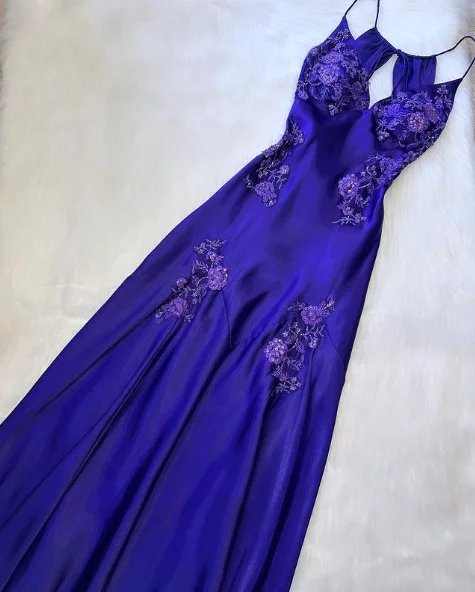 casual slip dressBright Purple V Neck Beading Mermaid Vintage Evening Dress, DP2288