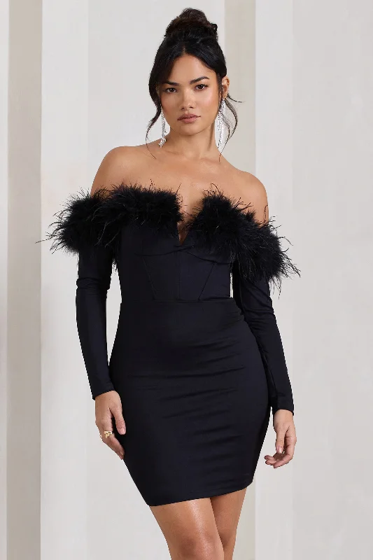 Don’t Miss Out Celia | Black Plunge Neck Bardot Mini Dress With Feather Trim Detail Don’t Miss Out Celia | Black Plunge Neck Bardot Mini Dress With Feather Trim Detail