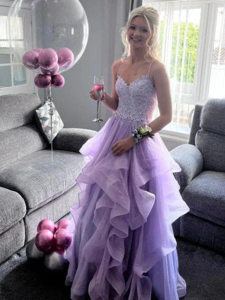 spaghetti strap dressLilac Cross Back A-Line Tulle Appliques Formal Prom Dress, DP2253