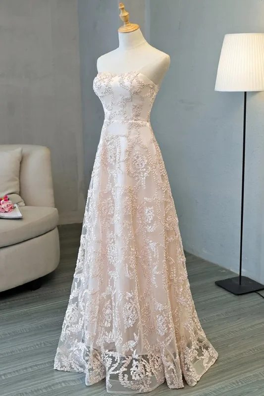 Price Slash evening dressLight Pink Strapless A-Line Tulle Appliques Long Prom Dress,DP1035
