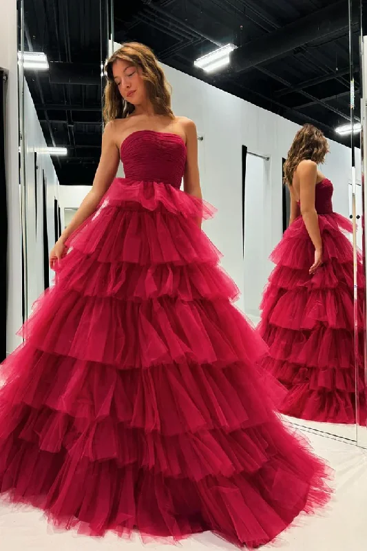 flowy dressElegant A-Line Strapless Tulle Tiered Long Prom Dress Evening Gown,DP1708