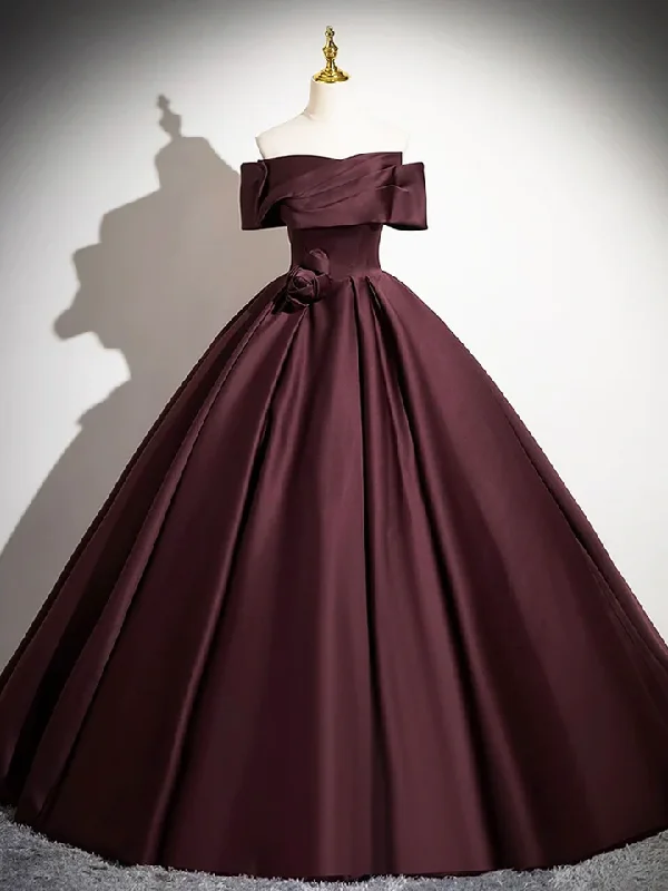 comfy dressDark Burgundy Satin Elegant A-Line Off Shoulder Evening Gown Formal Party Dress, DP2467