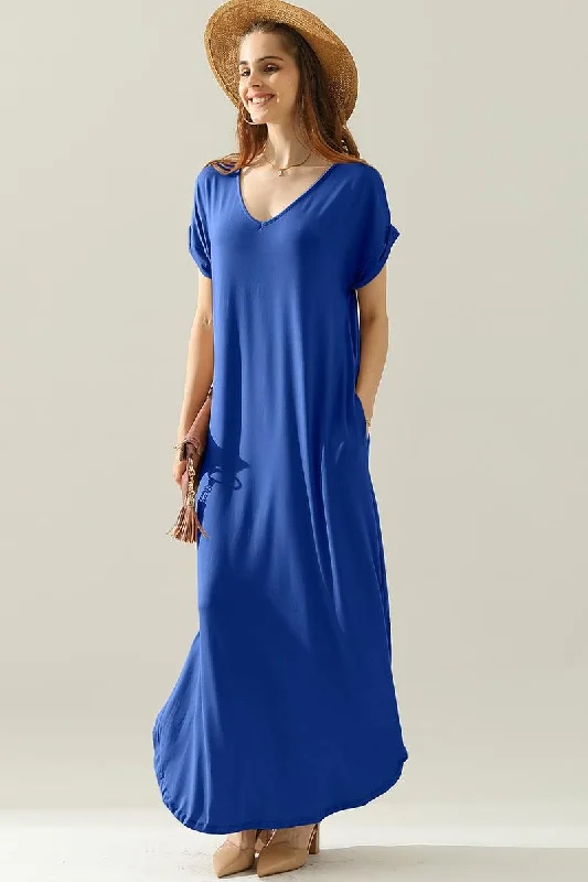 lace-up dressSHORT SLEEVE V-NECK MAXI DRESS WITH SIDE SLIT