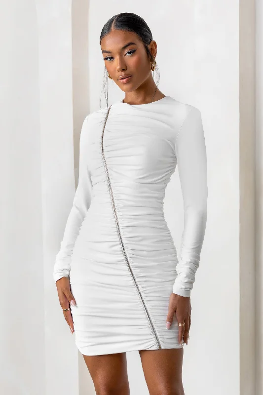 Unmissable Offer Empowered | White High Neck Long Sleeves Zip Detail Mini Dress