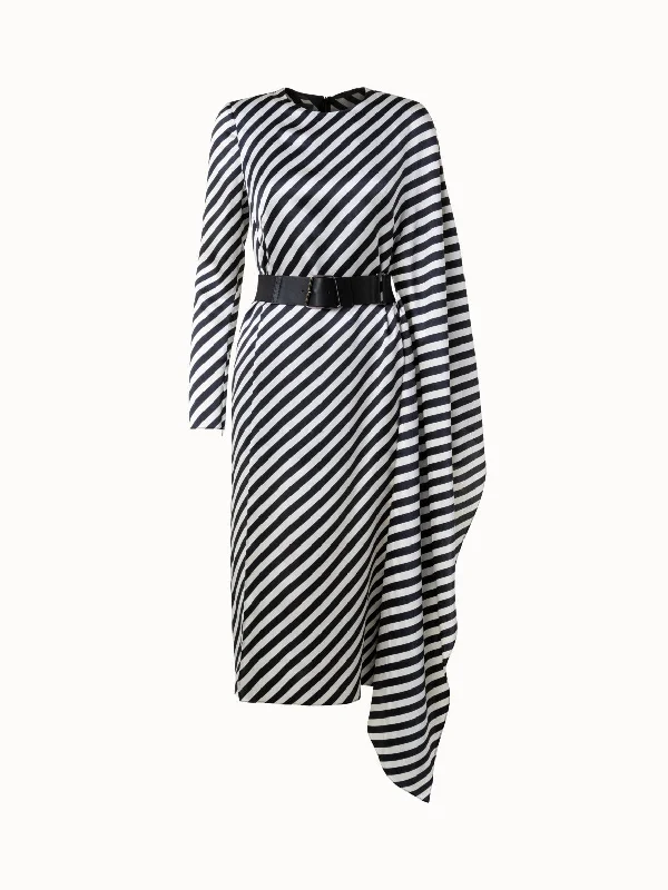 sleek midi dressAsymmetrical Silk Techno Blend Dress with Diagonal Stripes