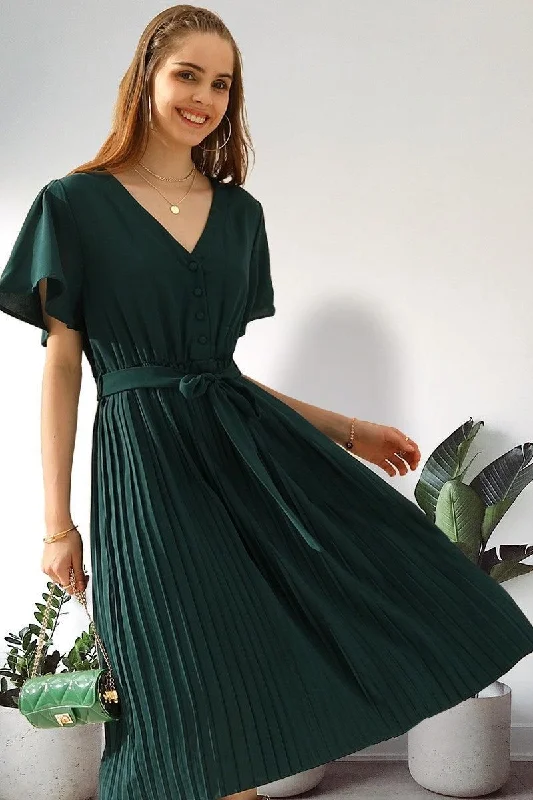 knit dressV NECK BUTTONED PLEATED DRESS