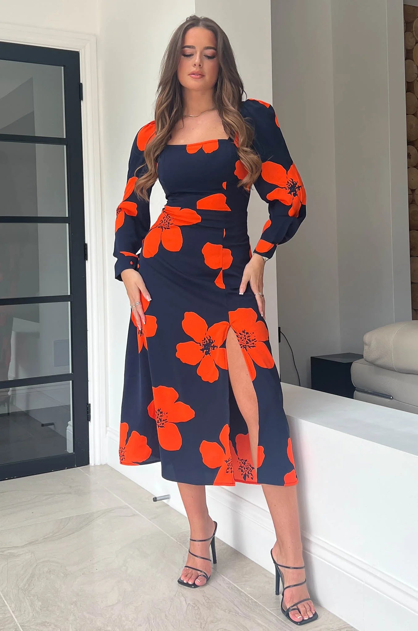 casual slip dressBreanna Navy & Orange Floral Square Neck Midi Dress