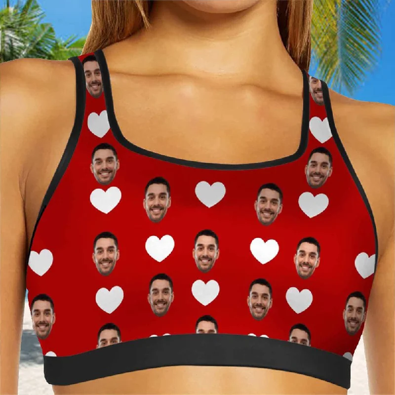 Epic Deals Custom Husband Face White Heart Red Background Sports Bra Personalized Women's All Over Print Yoga Sports Bra
