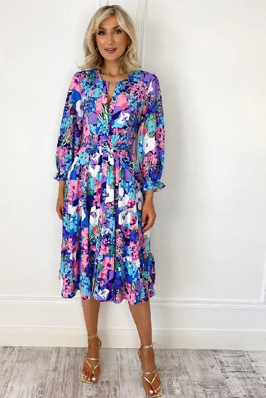 elegant maxi dressOla Pink Blue Floral Print Belted Shirt Dress