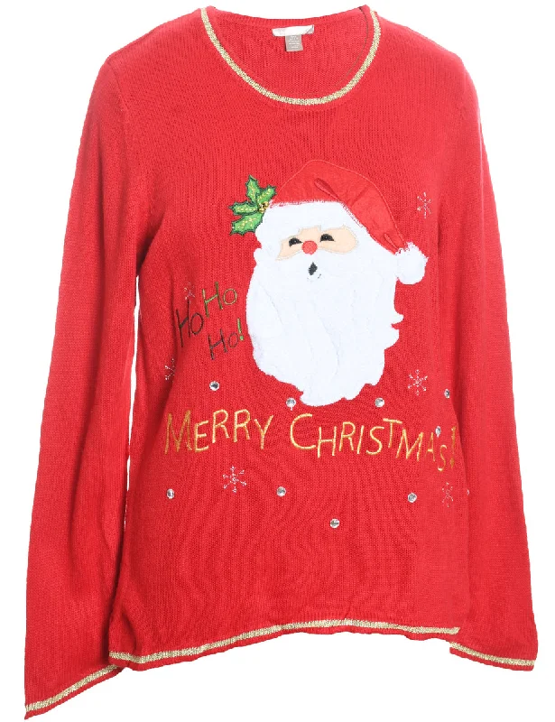 Big Discounts Santa Claus Design Red Embroidered Christmas Jumper - L