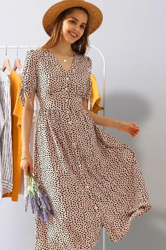 shift dressLEOPARD SHORT TIED SLEEVE BUTTON UP SLIT DRESS