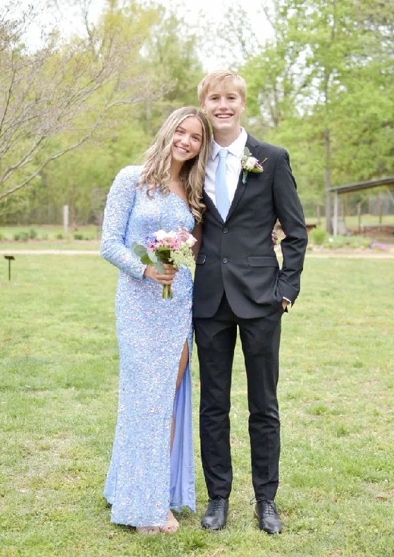 Savings Galore minimalistic dressLight Blue One Shoulder Sequined Long Prom Dress with Slit,DP953