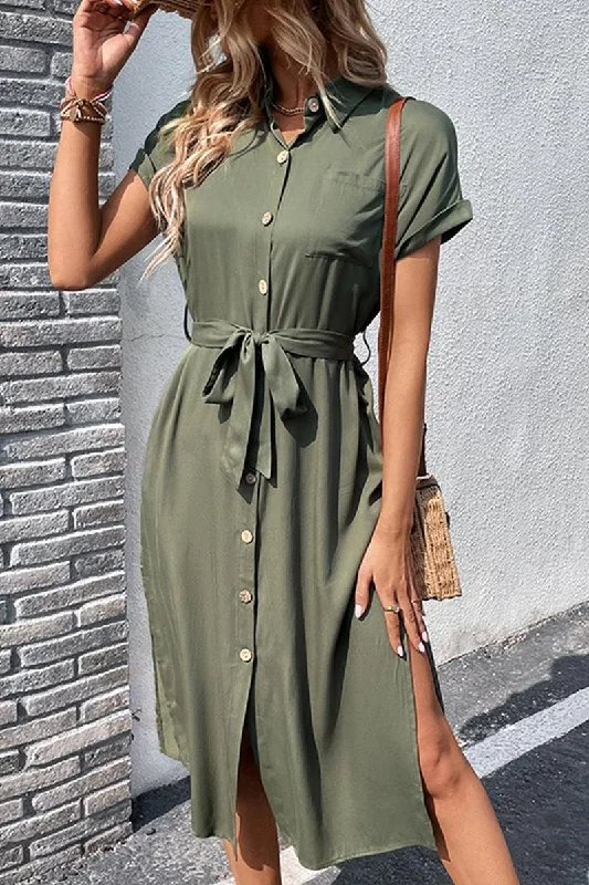 lace dressROLL UP SLEEVE BUTTON UP BELTED SLIT DRESS