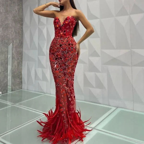 statement dressKittenAlarm - Kitt Strapless Feather Red Mirror Maxi Dress