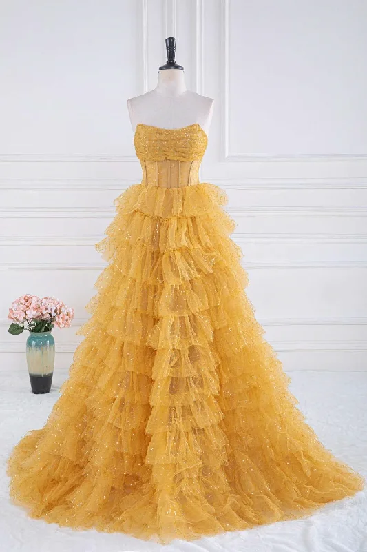 Super Bargain elegant shift dressYellow Strapless Tulle Layered A-Line Prom Dress,DP963