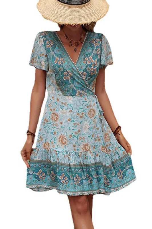 summer dressBOHEMIAN WRAP STYLE RUFFLED SHORT DRESS