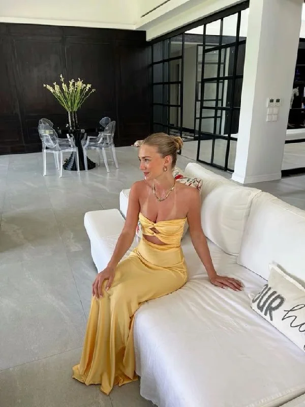 Low Prices trendy bodycon dressYellow Strapless Cut Out Long Prom Dress,DP1055