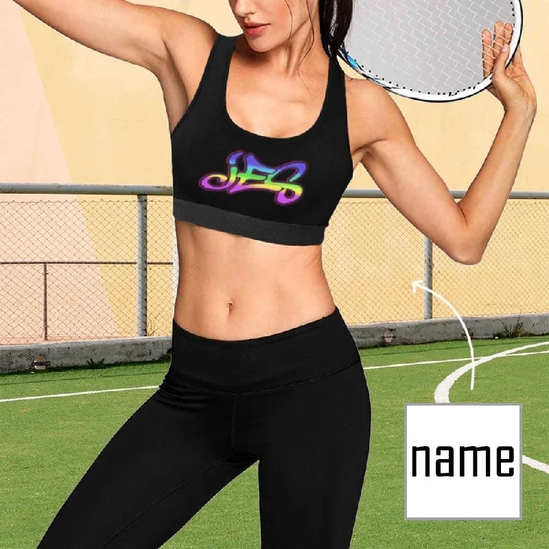 Savings Alert Custom Name Black Background Sports Bra Personalized Women's All Over Print Yoga Sports Bra