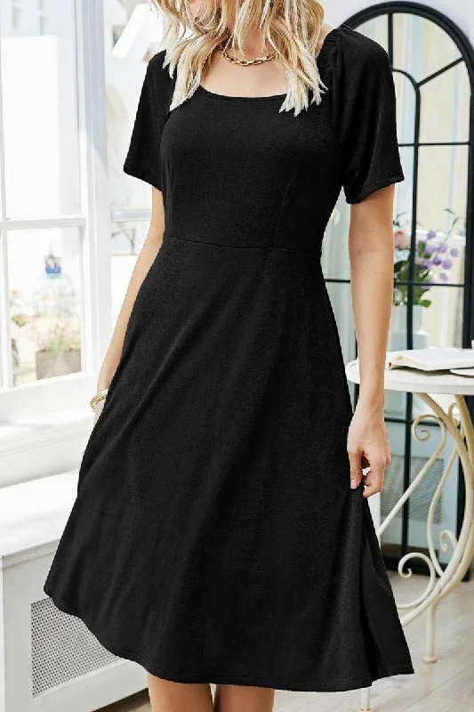 pleated dressSQUARE NECK PLEATED SHORT SLEEVED DRESS