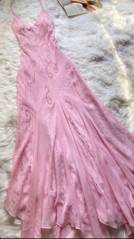 high-waisted dressLight Pink V Neck Beading Ruffle Vintage Party Dress, DP2521