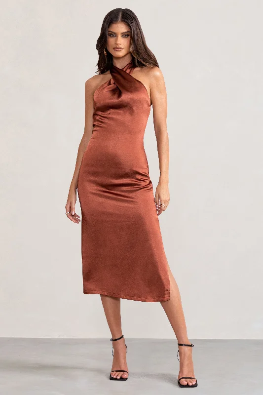 Online Exclusive Dazzling | Rust Satin Cross Over Halter Neck Midi Dress