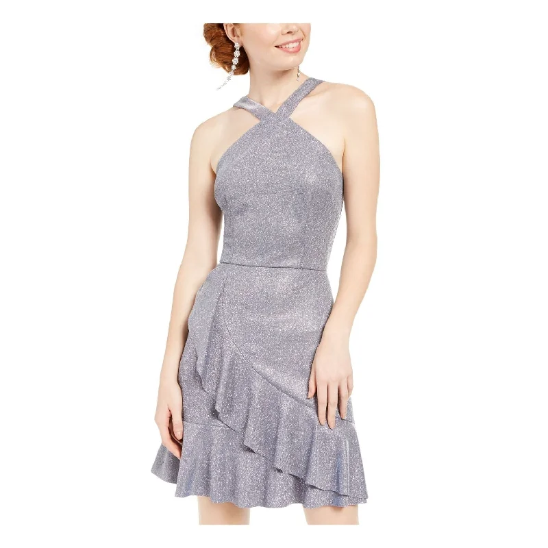 Limited Quantity BCX Women's Glitter Ruffled Solid Spaghetti Strap Halter Short Fit Flare Party Dress Gray Size 3 Limited Quantity BCX Women's Glitter Ruffled Solid Spaghetti Strap Halter Short Fit Flare Party Dress Gray Size 3