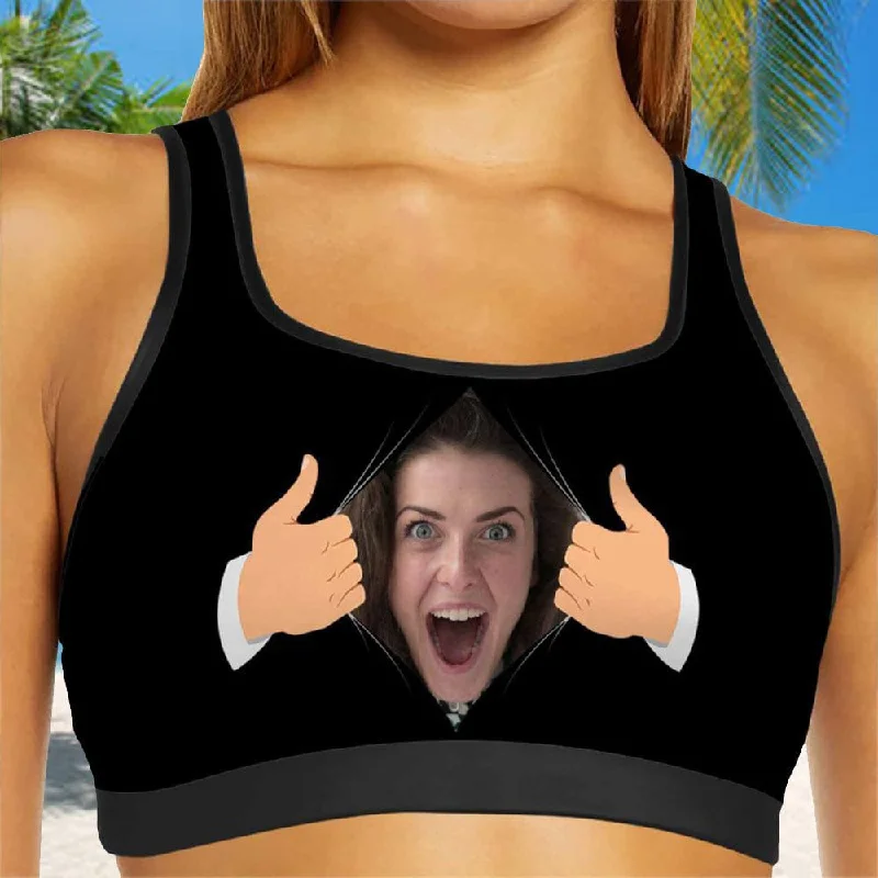 Fantastic Offers Custom Face Pull Away Black Background Sports Bra Personalized Women's All Over Print Yoga Sports Bra