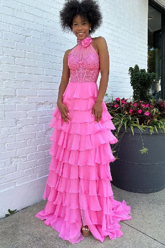 Deal of the Day wool dressHot Pink Halter Open Back Chiffon Tiered Long Prom Dress,DP1015 Deal of the Day wool dressHot Pink Halter Open Back Chiffon Tiered Long Prom Dress,DP1015