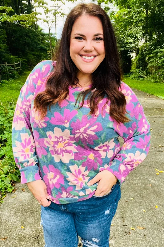 Feeling Femme Teal Floral Brushed Hacci Sweater Top (Open Pack)