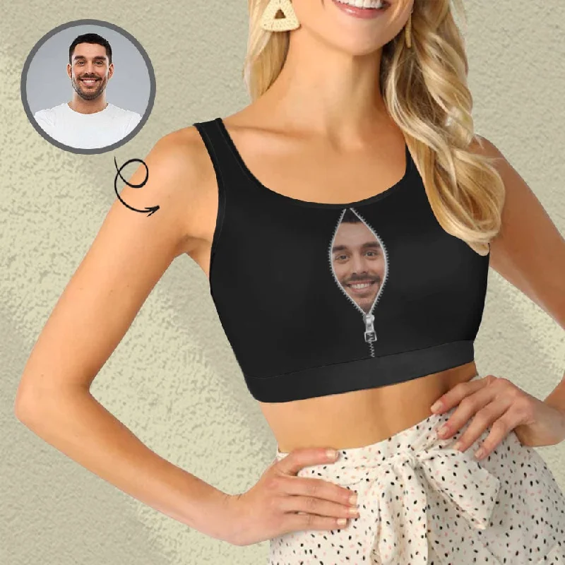 Discount Extravaganza Custom Husband Face Zipper Black Background Sports Bra Personalized Women's All Over Print Yoga Sports Bra