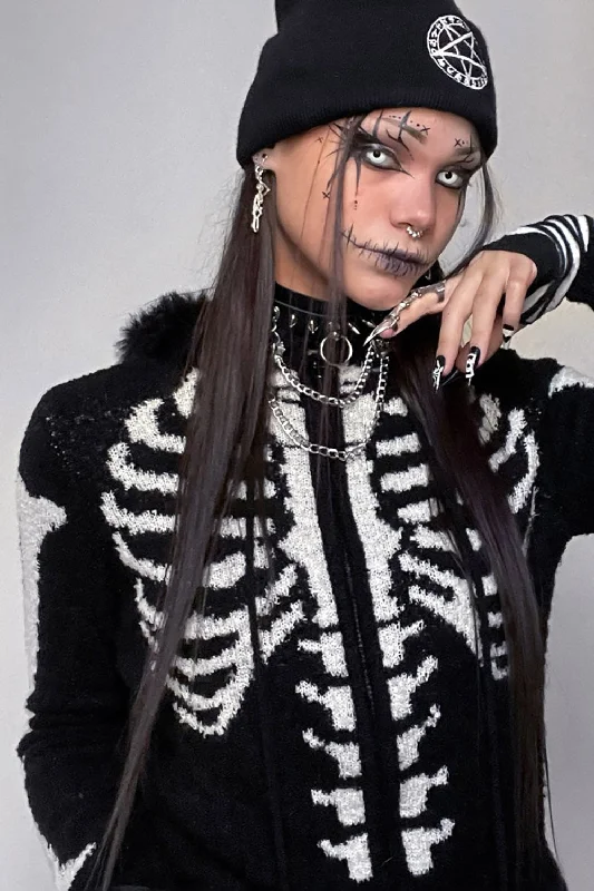 Savings Galore Bony Rib Cage Skeleton Fur Zip Sweater [BLACK/WHITE]