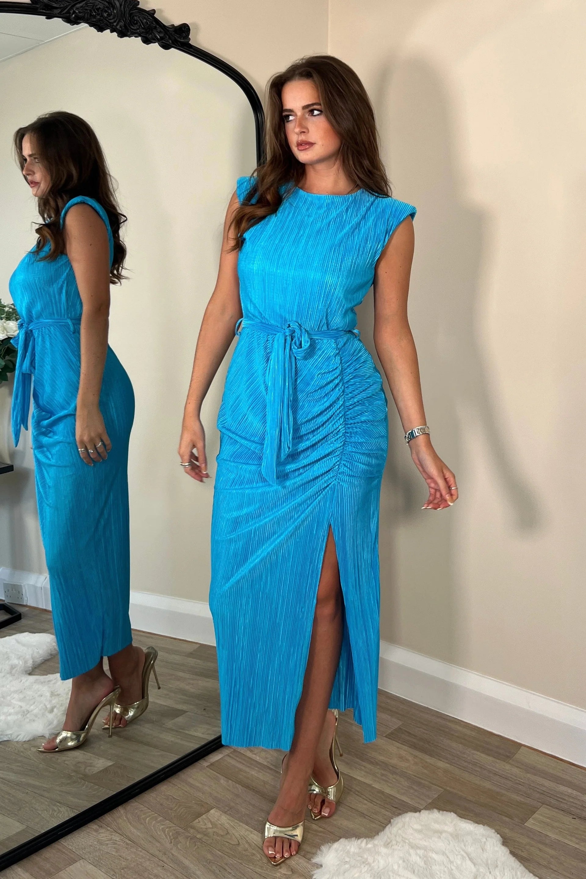 A-line dressElena Blue Ruched Seamed Belted Midi Dress