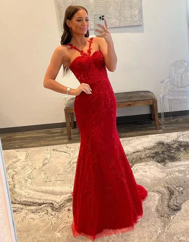 Fantastic Offers elegant maxi dressCharming Red Mermaid Backless Tulle Long Prom Dress,DP956