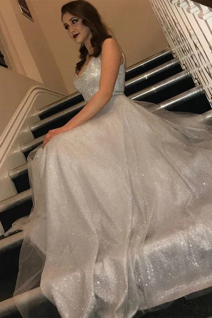 Midnight Sale boho dressA-Line Sparkle V Neck Tulle Long Prom Dresses,DP890