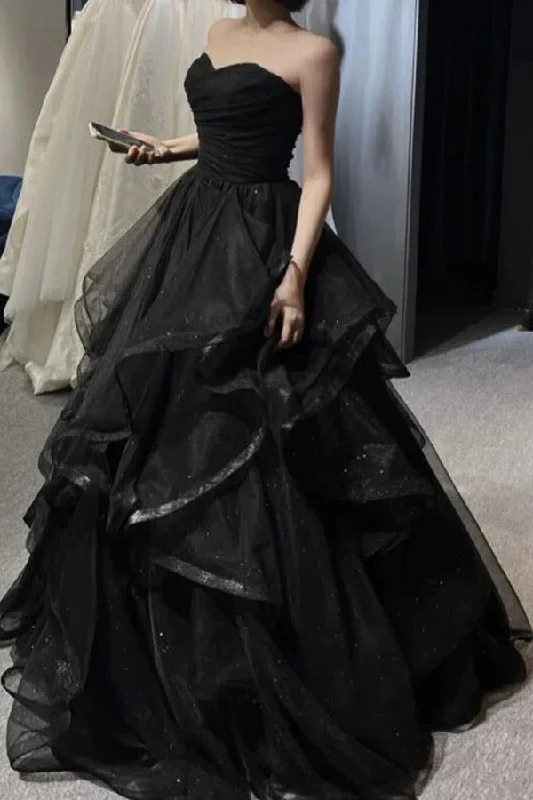 Flash Sale floral wrap dressBlack Sparkly Ruffled Long Prom Dress Ball Gown,DP762
