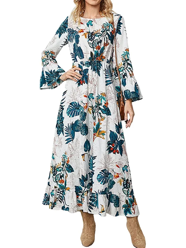 fitted cocktail dressKittenAlarm - Boho Plants Printing High Waist Flare Sleeve Midi Dress