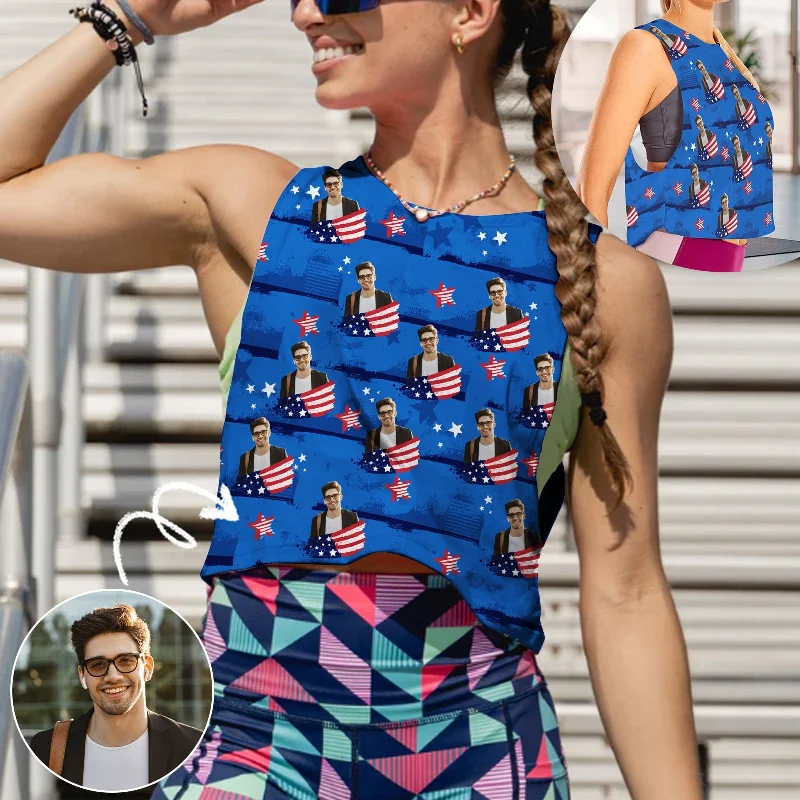 Savings Galore Custom Face USA Flag Blue Tank Top Personalized Women's Sleeveless Crop Sports Top Savings Galore Custom Face USA Flag Blue Tank Top Personalized Women's Sleeveless Crop Sports Top