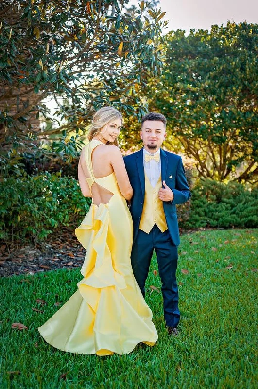 Epic Deals shift dressYellow Halter Mermaid Satin Long Prom Dress with Ruffles,DP900