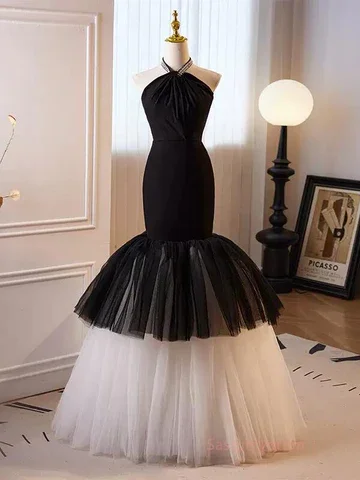 Today's Special wool dressBlack and White Halter Mermaid Tulle Long Prom Dress,DP957