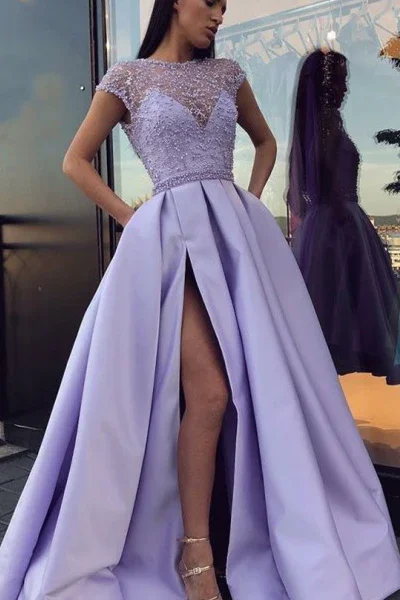Overstock formal dressLilac Satin A-Line Long Prom Dress with Slit,DP924