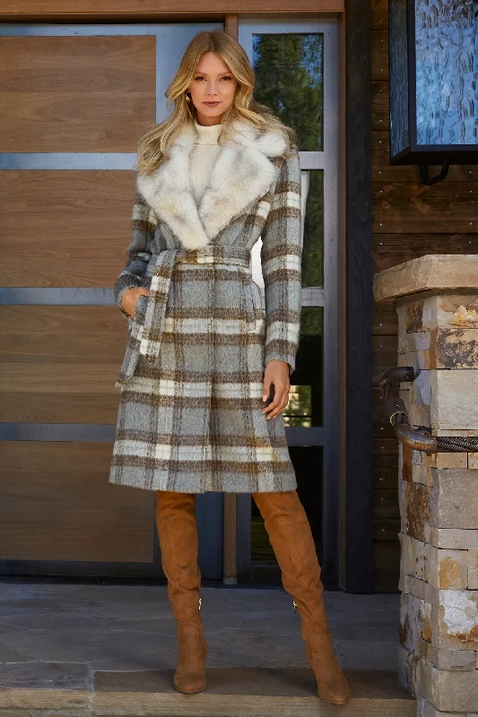 Today’s Deal Faux Fur Trim Plaid Coat Gray Multi