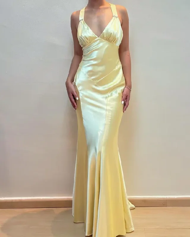 boho-chic dressLight Yellow V Neck Vintage Mermaid Long Party Dress, DP2448