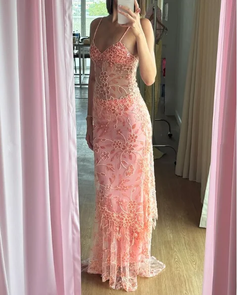 elegant evening dressPink Spaghetti Straps Lace Beading Gorgeous Mermaid Evening Dress, DP2261