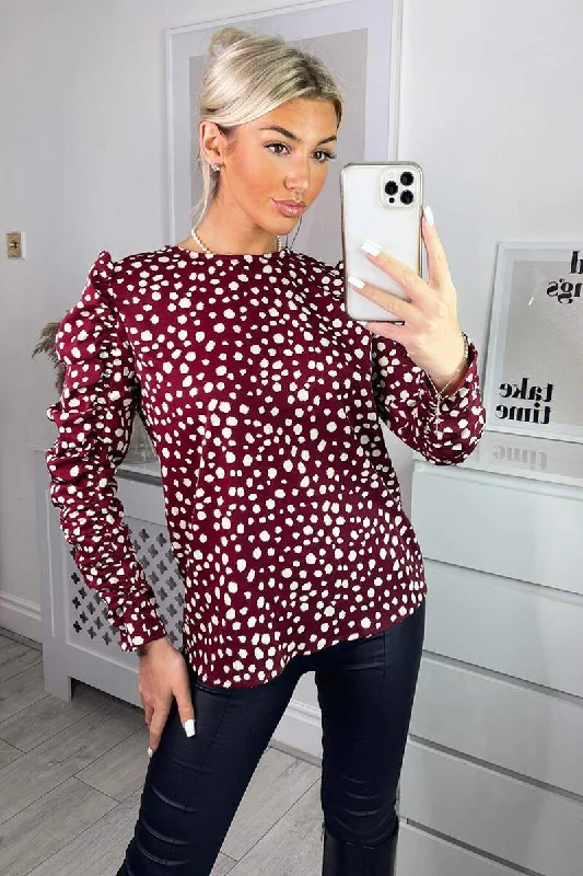 party-ready dressMollie Plum Spot Print Gathered Sleeve Top