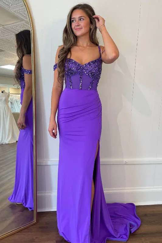 Holiday Sale luxury dressPurple Off Shoulder Beading Long Prom Party Dress with Slit,DP986