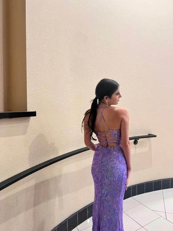 Year-End Sale long sleeve dressPurple Halter Mermaid Sequins Long Prom Dress Formal Evening Dress,DP816