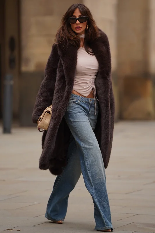 Limited Time Discount Slopeside | Brown Long Belted Faux Fur Coat