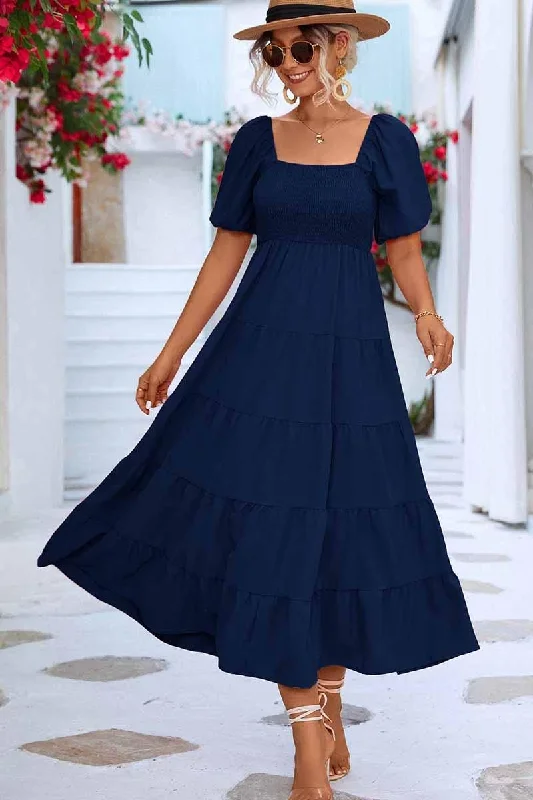 chic slip dressSQUARE NECK PUFF WRINKLE CHEST CAKE MAXI DRESS