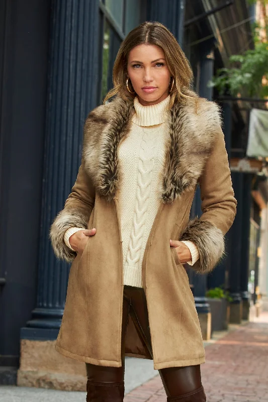 Exclusive Offers Faux Fur Trim Faux Suede Coat Camel