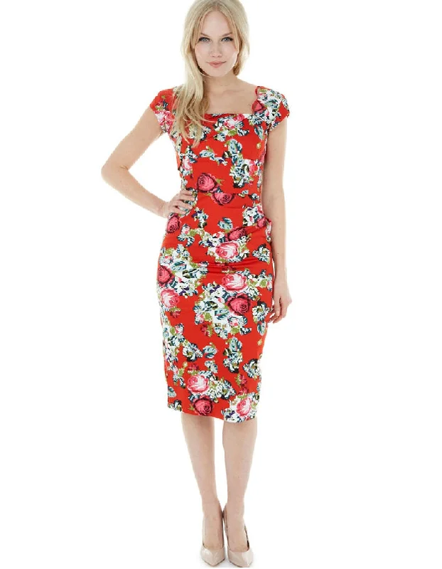 trendy bodycon dressDora Red Floral Pencil Style Midi Dress